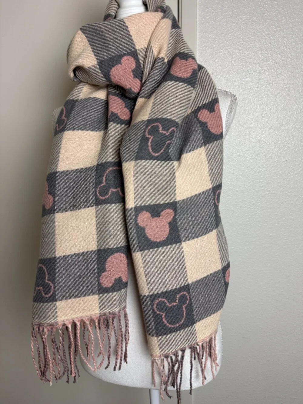 Disney Mickey Mouse Checkered Fringe Scarf Character Motif  Pink & Gray